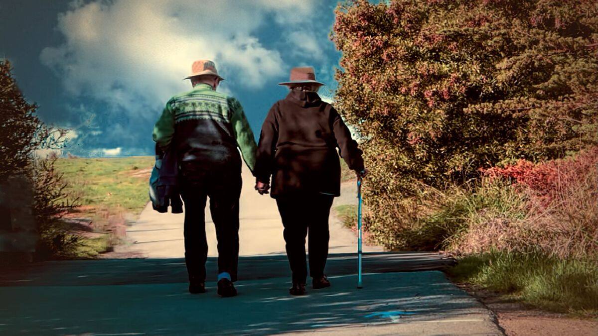 Pareja mayor caminando por un parque en otoño